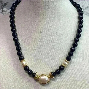 Vintage Faux Pearl and Black Beaded Necklace